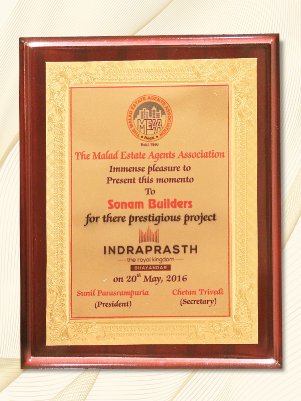 Prestigious Project Award for Indraprasth by The Malad Estate Agents Association